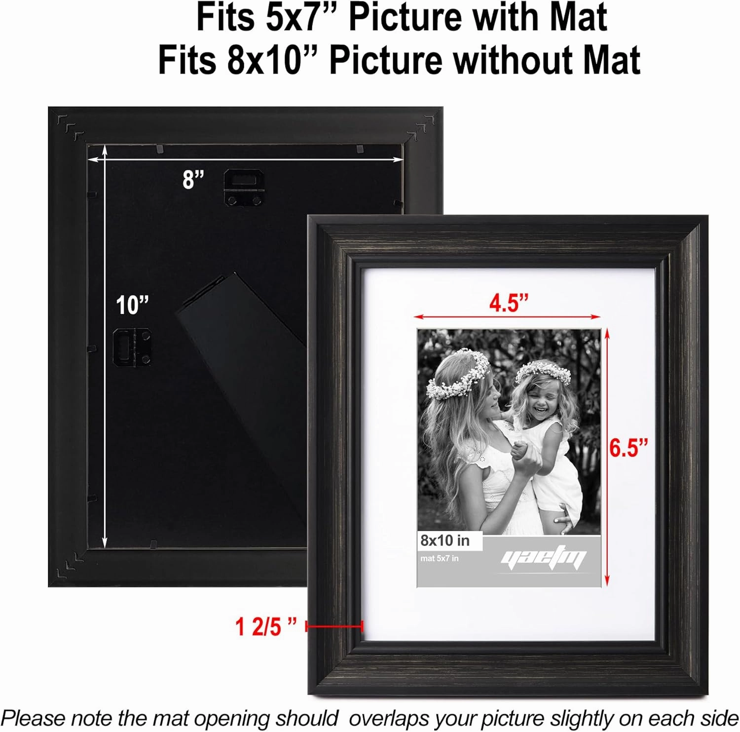 Yaetm Black 8x10 Picture Frame Matted to 5x7 Set of 4, 1.4” Wide Molding & Distressed Black Photo Frames 8 x 10 with HD Tempered Glass, Display on Tabletop & Wall Mounting, 4 Pack