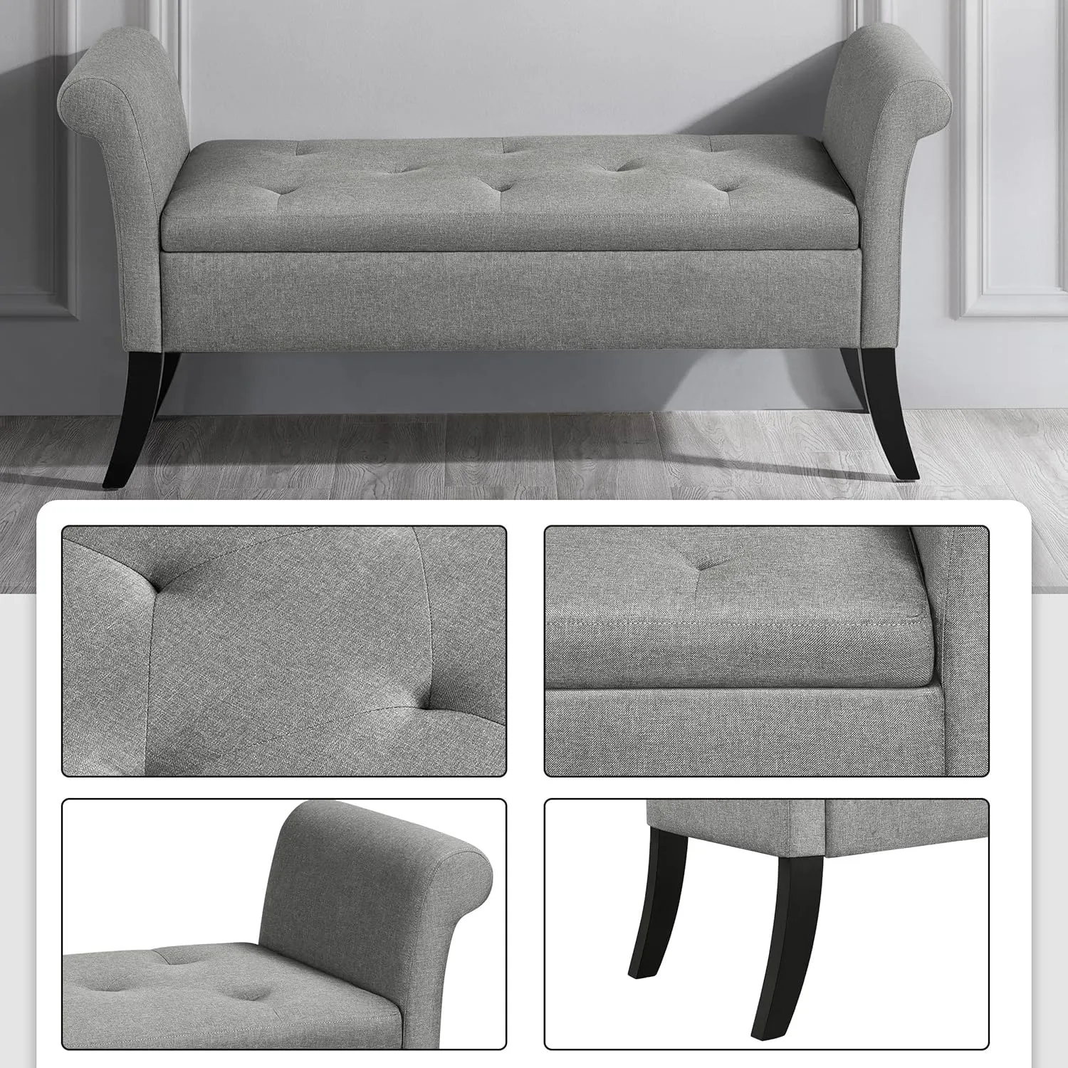 Yaheetech 52in Ottoman Bench Folding Storage Ottoman Bench Tufted Fabric Entryway Bench with Arms Footstool with Large Storage Foot Rest Seat Rolled Arms Cushioned Ottoman Light Gray