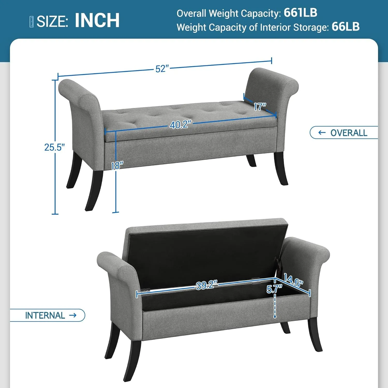 Yaheetech 52in Ottoman Bench Folding Storage Ottoman Bench Tufted Fabric Entryway Bench with Arms Footstool with Large Storage Foot Rest Seat Rolled Arms Cushioned Ottoman Light Gray