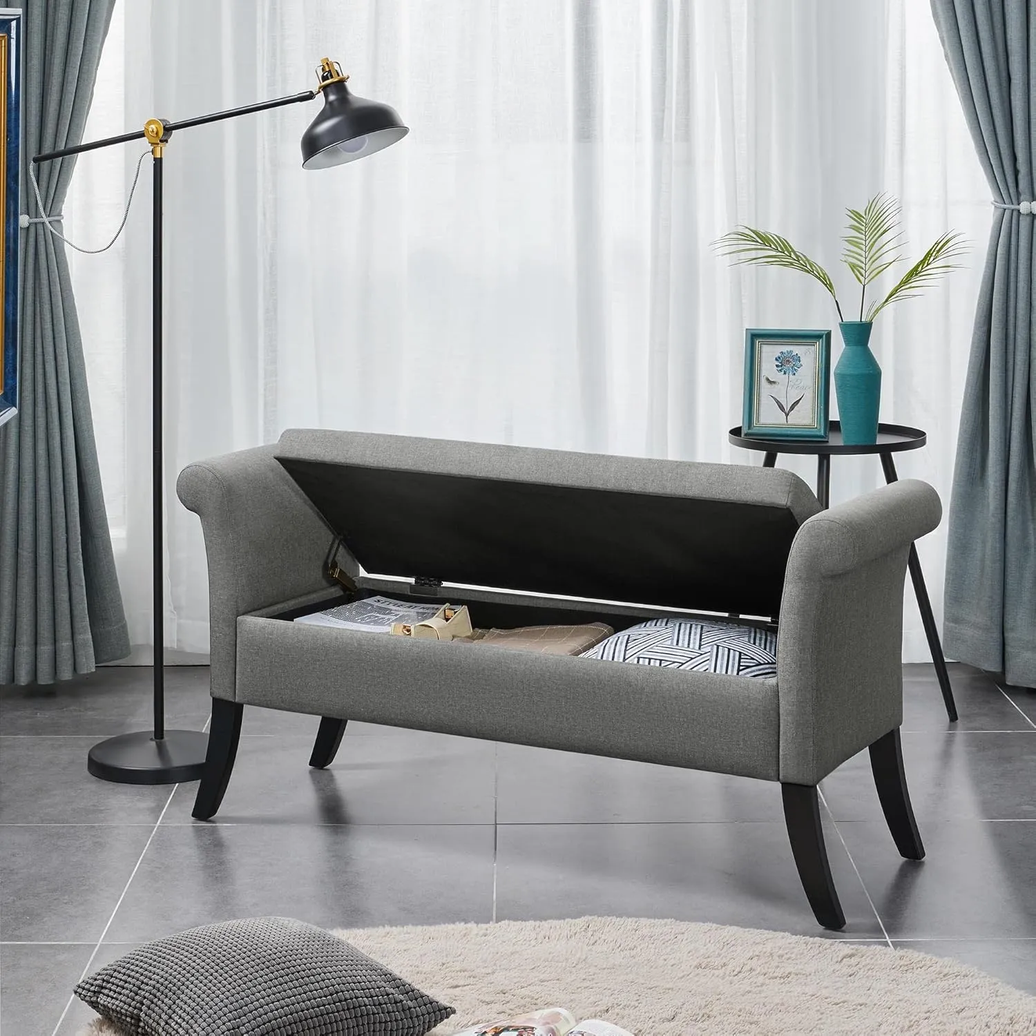 Yaheetech 52in Ottoman Bench Folding Storage Ottoman Bench Tufted Fabric Entryway Bench with Arms Footstool with Large Storage Foot Rest Seat Rolled Arms Cushioned Ottoman Light Gray