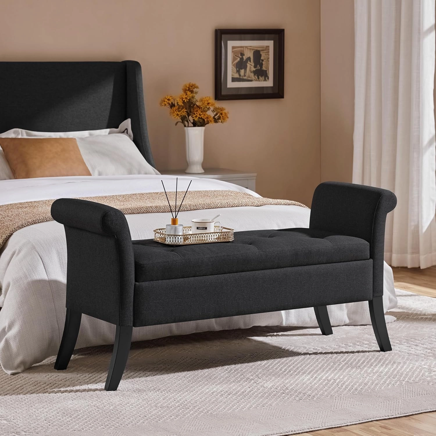 Yaheetech 52in Ottoman with Storage Folding Bedroom Bench Upholstered Storage Bench for Bedroom End of Bed with Rolled Arms, Black