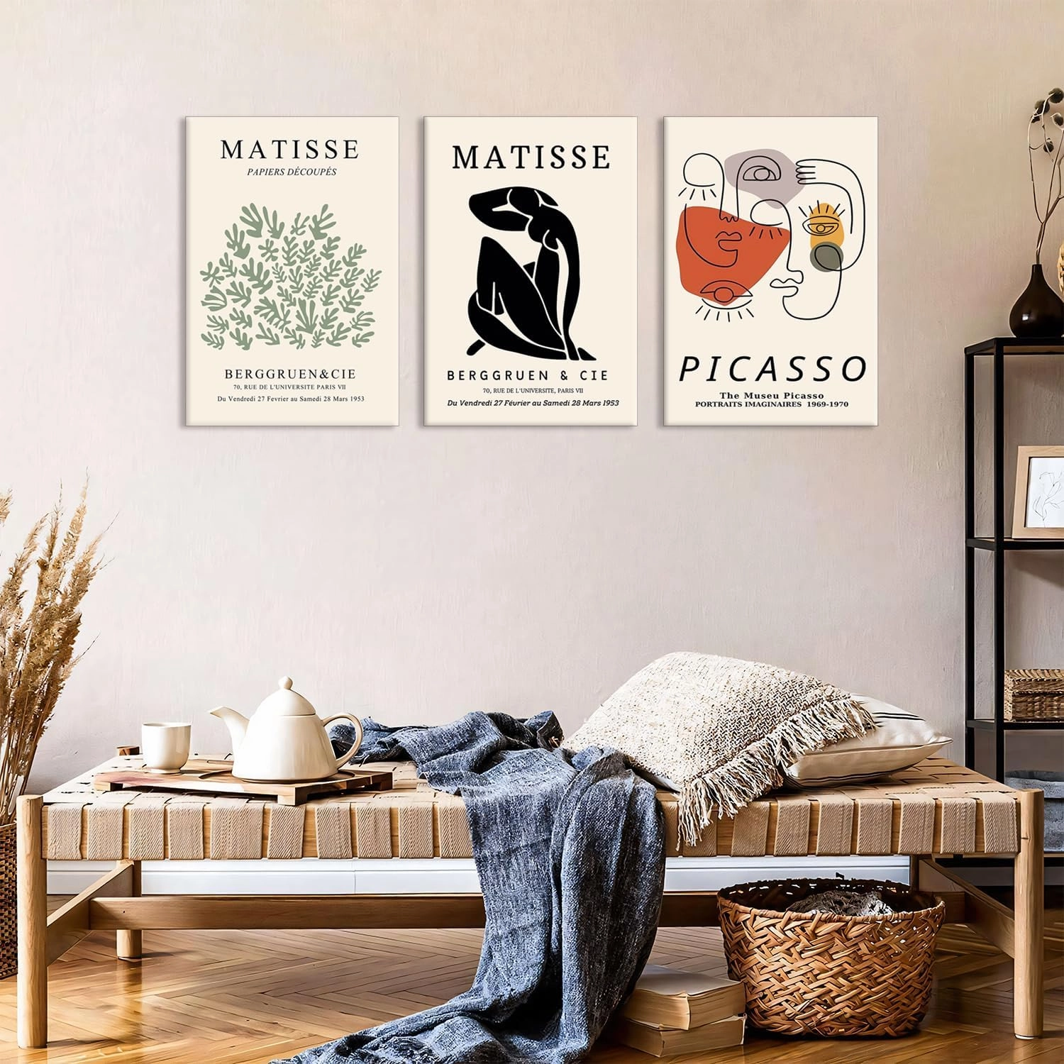 Yaneiro Picasso Abstract Wall Decor Set of 3 - Matisse Sage Canvas Poster Prints, Minimalist Framed Wall Art for Living Room Bedroom Restaurant and Office Decor 16x24 Inch