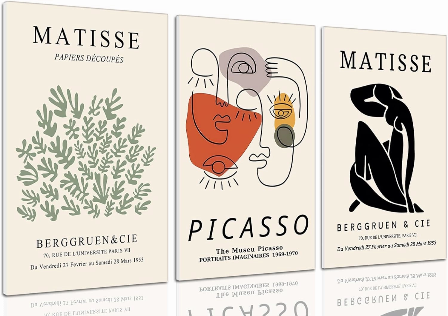 Yaneiro Picasso Abstract Wall Decor Set of 3 - Matisse Sage Canvas Poster Prints, Minimalist Framed Wall Art for Living Room Bedroom Restaurant and Office Decor 16x24 Inch