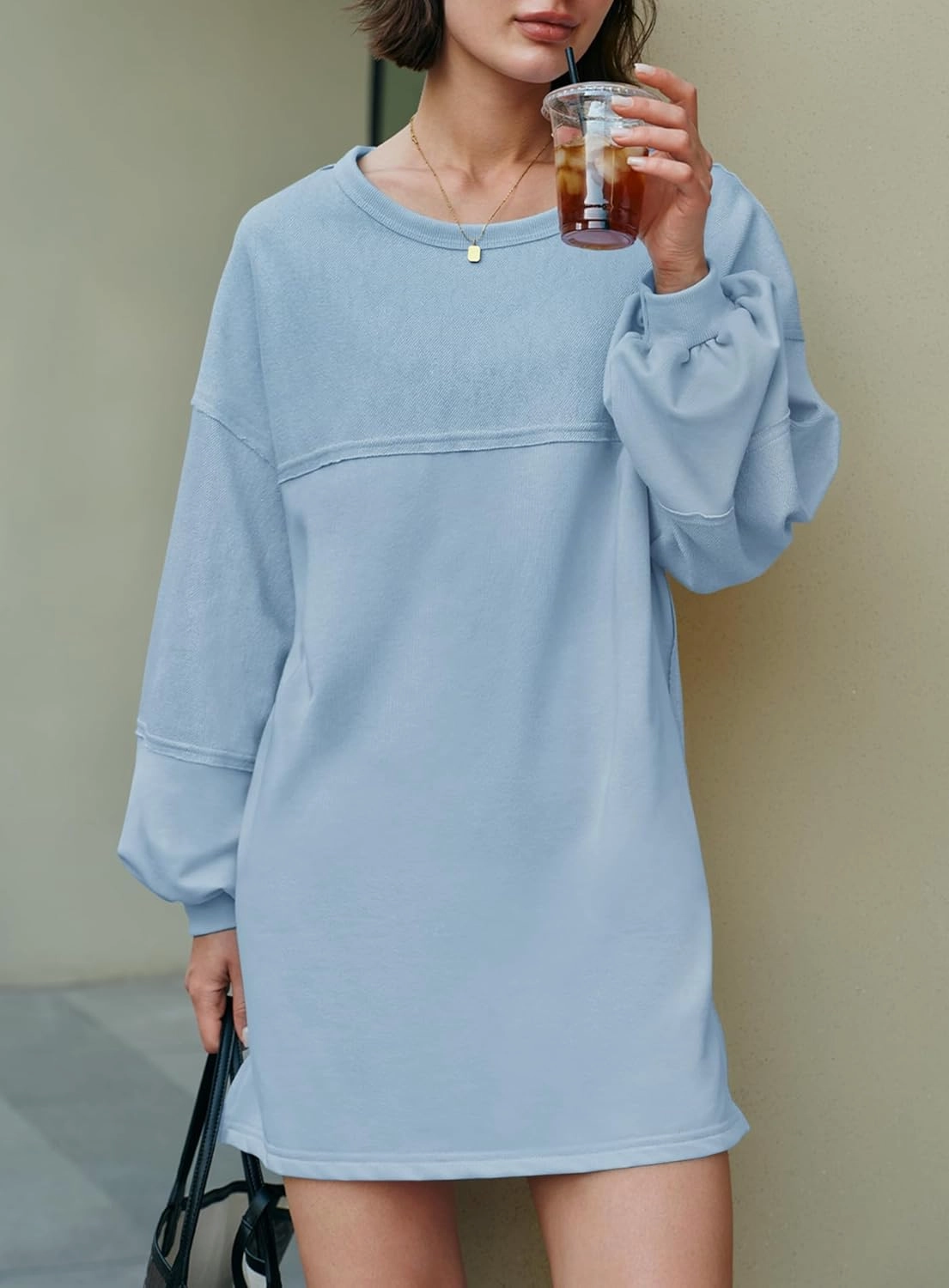 Yanekop Womens Oversized Sweatshirt Dress Patchwork Tunic Sweatshirts Crewneck Long Sleeve Spring Pullover Tops Side Slit