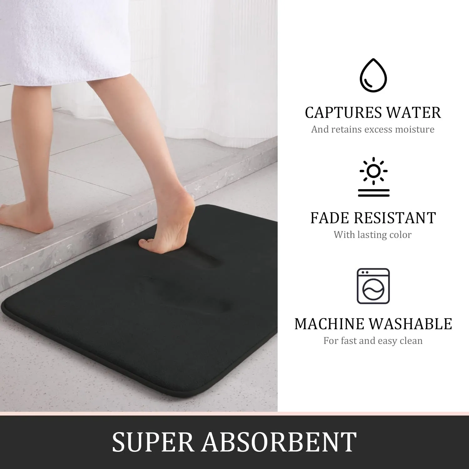 YIHOUSE 5-Piece Bath Rug Set, Memory Foam Bath Mats - Super Absorbent, Non-Slip & Washable - Dry Quickly, Black