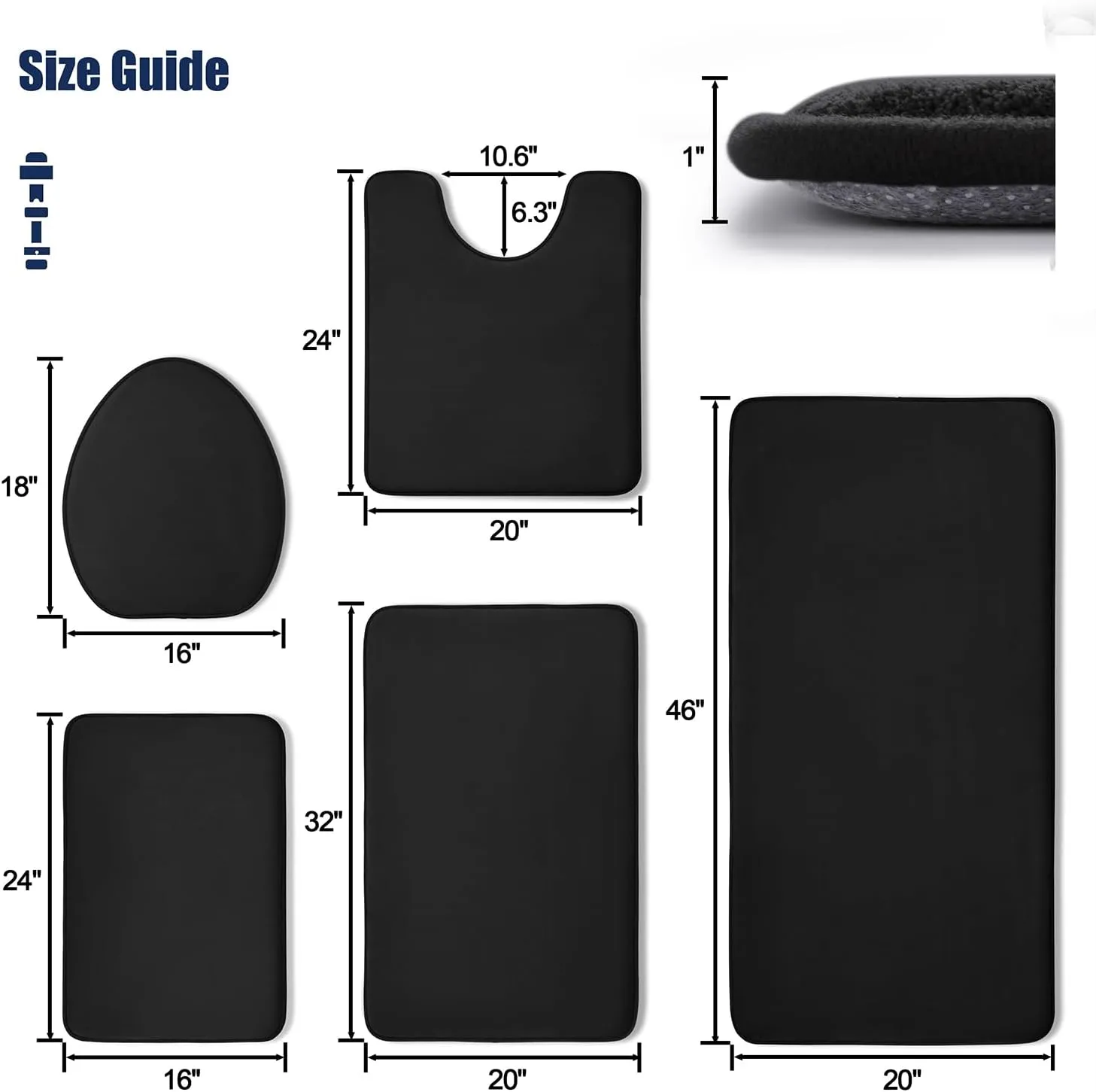 YIHOUSE 5-Piece Bath Rug Set, Memory Foam Bath Mats - Super Absorbent, Non-Slip & Washable - Dry Quickly, Black