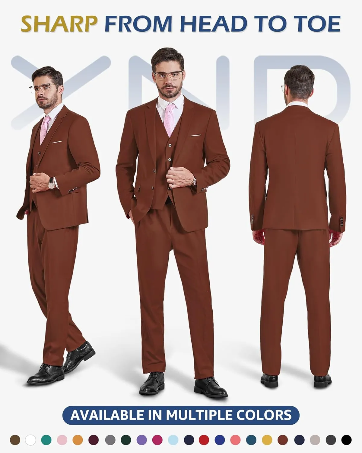 YND Men's Slim Fit 2 Button 3 Piece Suit Set, Solid Blazer Jacket Vest Pants & Tie
