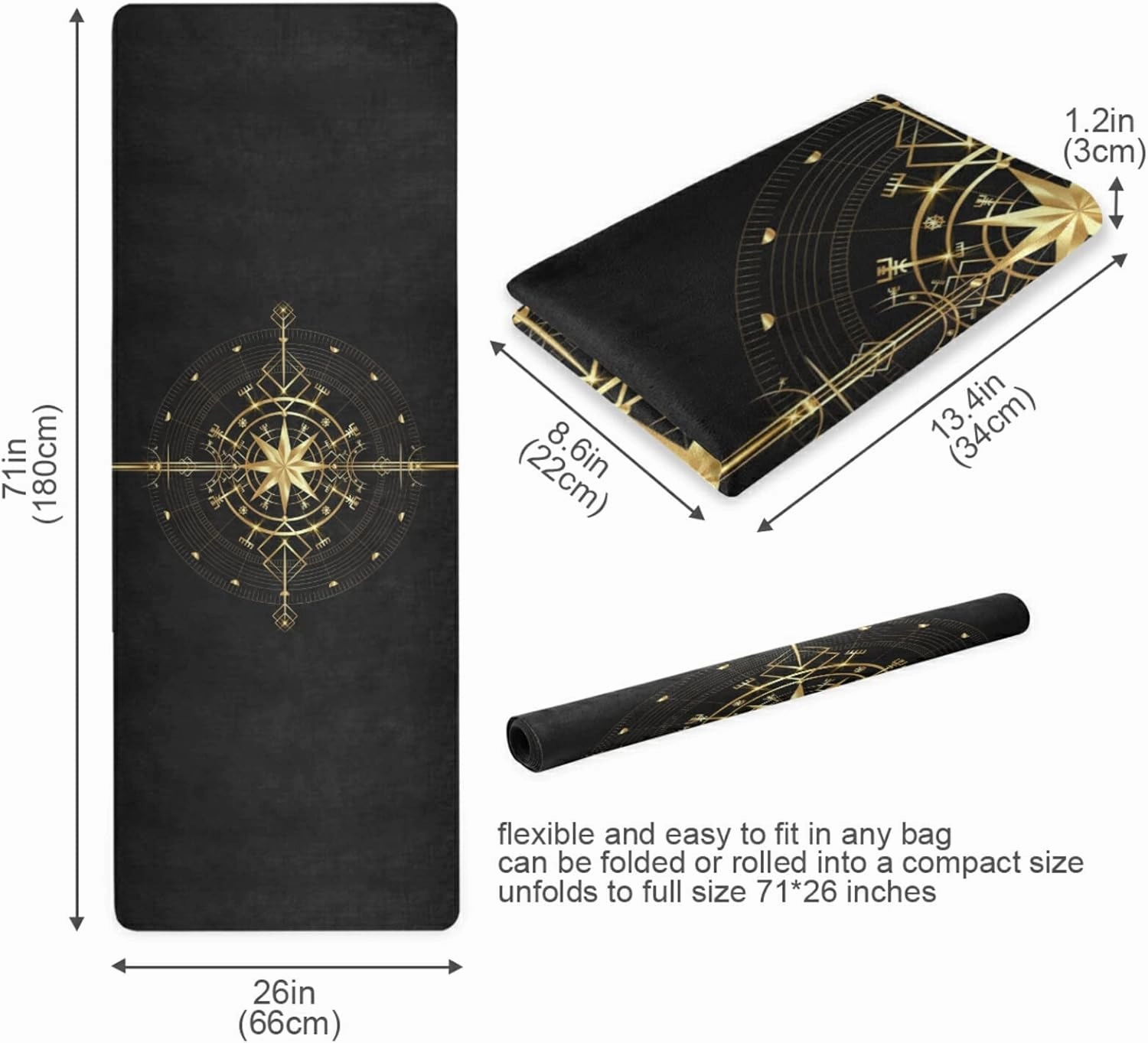 Yoga Mat Non Slip Rubber Fitness Safe Exercise Mat with Bag Durable Folding Workout Mat for Pilates and Floor Exercises