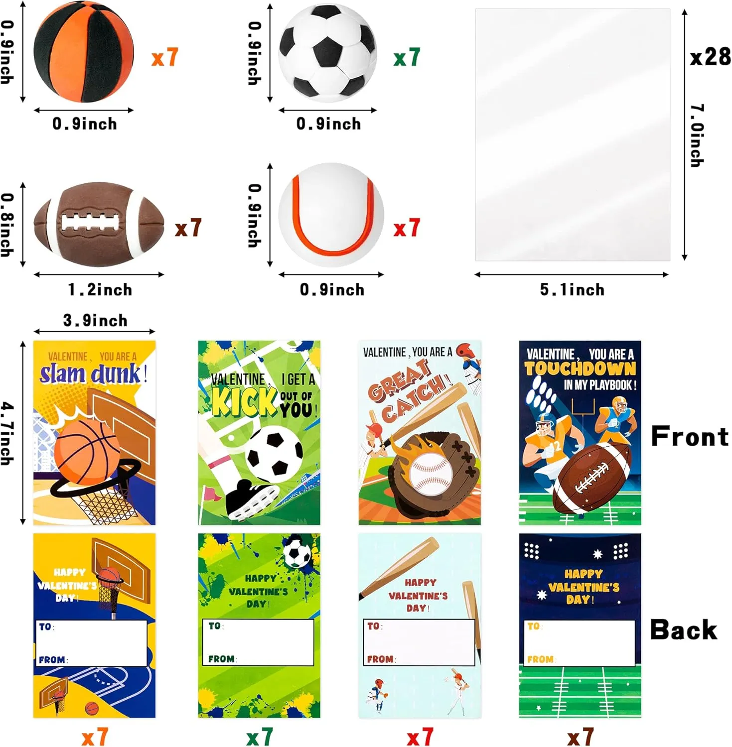 Yopyame 28 Pack Valentine's Day Sports Gift Cards with Erasers for Kids Funny Valentines Greeting Cards Mini Football Soccer Basketball Pencil Eraser School Classroom Prizes Exchange Gift Party Favors