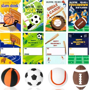Yopyame 28 Pack Valentine's Day Sports Gift Cards with Erasers for Kids Funny Valentines Greeting Cards Mini Football Soccer Basketball Pencil Eraser School Classroom Prizes Exchange Gift Party Favors