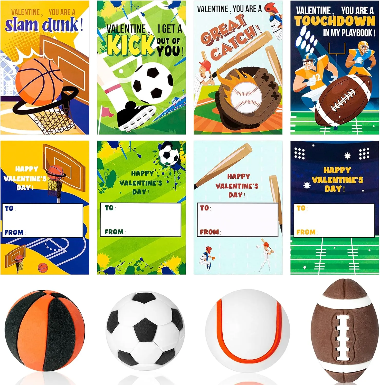 Yopyame 28 Pack Valentine's Day Sports Gift Cards with Erasers for Kids Funny Valentines Greeting Cards Mini Football Soccer Basketball Pencil Eraser School Classroom Prizes Exchange Gift Party Favors