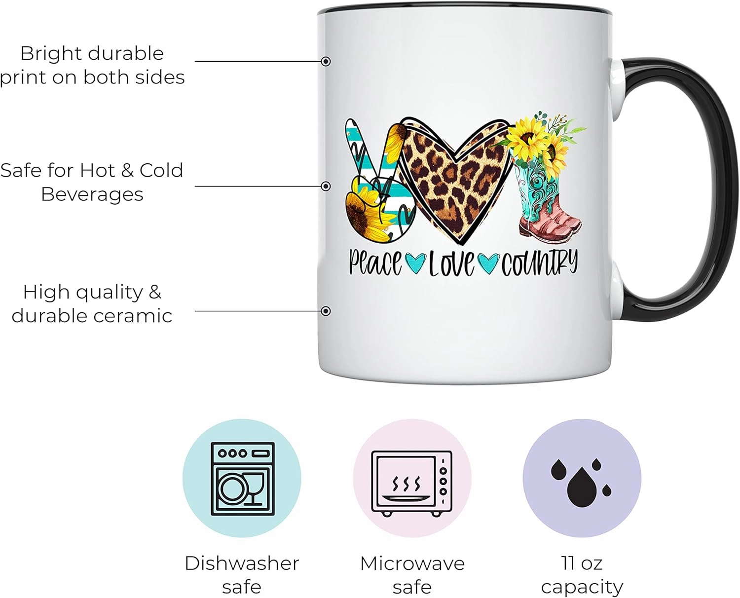 YouNique Designs Peace Love Country Mug, 11 Ounces, Country Girl Coffee Mug for Women, Country Music Mug, Country Cup, Country Coffee Cups, Country Mugs, Country Coffee Mug (Black Handle)