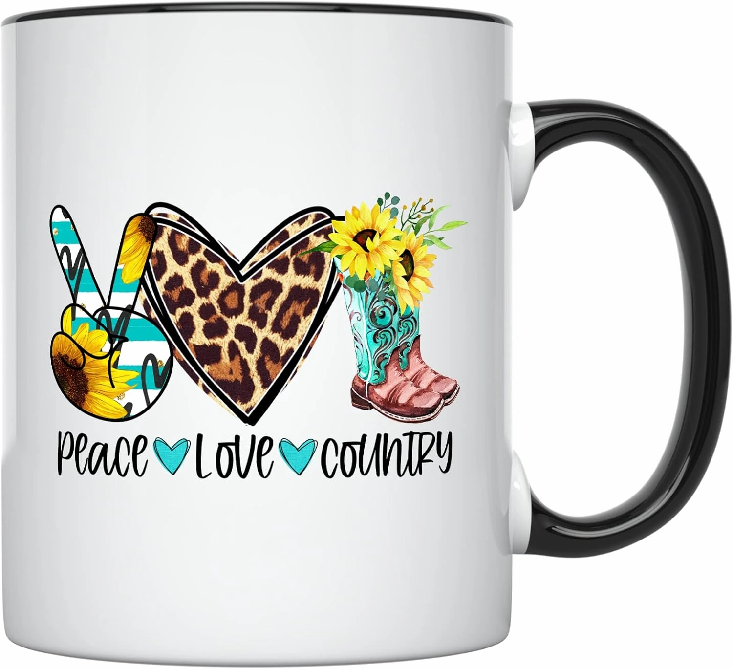 YouNique Designs Peace Love Country Mug, 11 Ounces, Country Girl Coffee Mug for Women, Country Music Mug, Country Cup, Country Coffee Cups, Country Mugs, Country Coffee Mug (Black Handle)