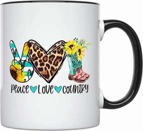 YouNique Designs Peace Love Country Mug, 11 Ounces, Country Girl Coffee Mug for Women, Country Music Mug, Country Cup, Country Coffee Cups, Country Mugs, Country Coffee Mug (Black Handle)
