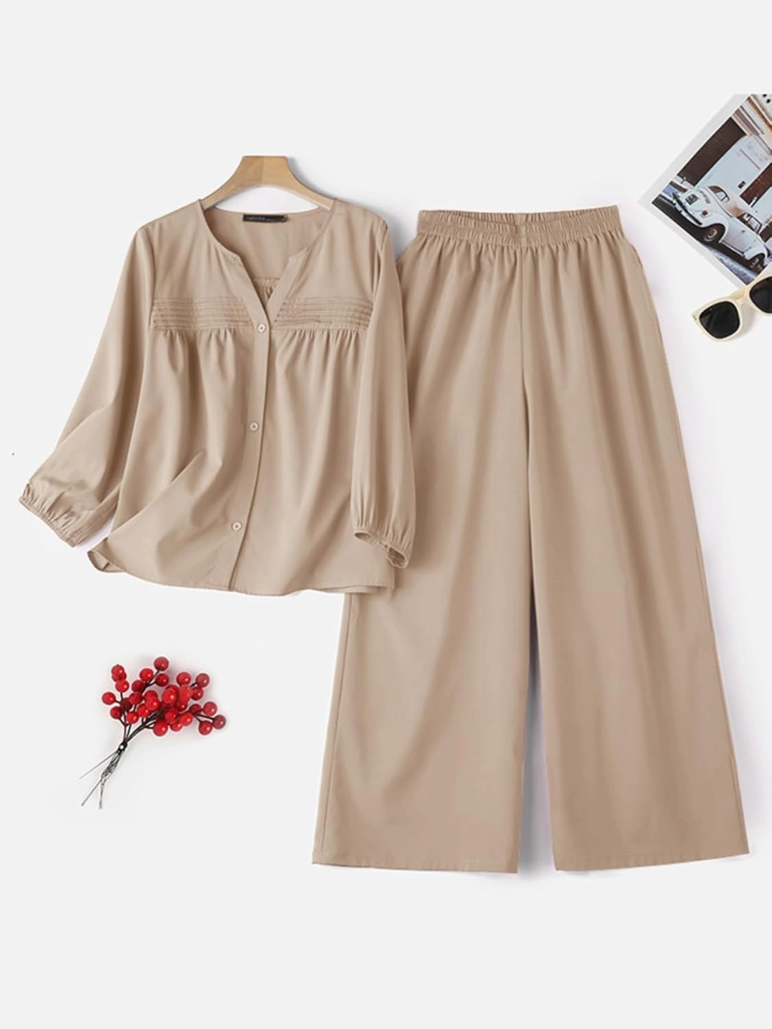 Zanzea Womens 2 Piece Outfits Lounge Sets Lantern Sleeves Loose Fit Elasticized Waistband Wide Leg Pants Set