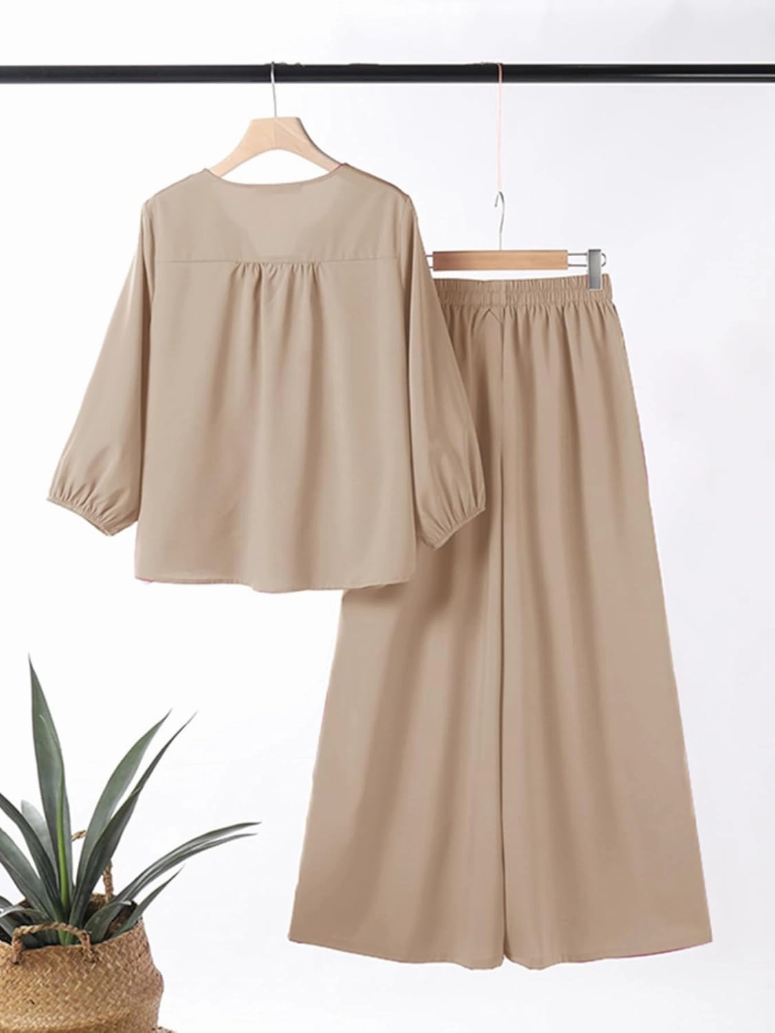 Zanzea Womens 2 Piece Outfits Lounge Sets Lantern Sleeves Loose Fit Elasticized Waistband Wide Leg Pants Set
