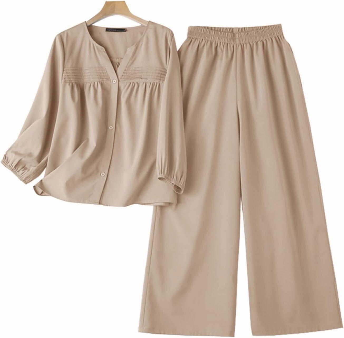 Zanzea Womens 2 Piece Outfits Lounge Sets Lantern Sleeves Loose Fit Elasticized Waistband Wide Leg Pants Set