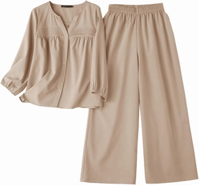 Zanzea Womens 2 Piece Outfits Lounge Sets Lantern Sleeves Loose Fit Elasticized Waistband Wide Leg Pants Set