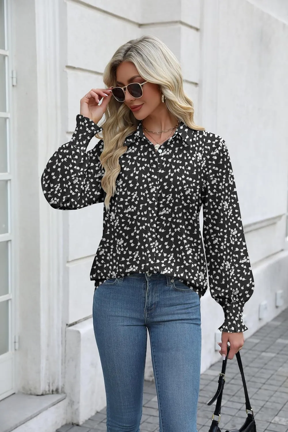 Zeagoo Womens Button Down Shirts Smocked Cuffed Blouses Printed Lantern Shirt Long Sleeve Tops Casual Collar Business Fashion