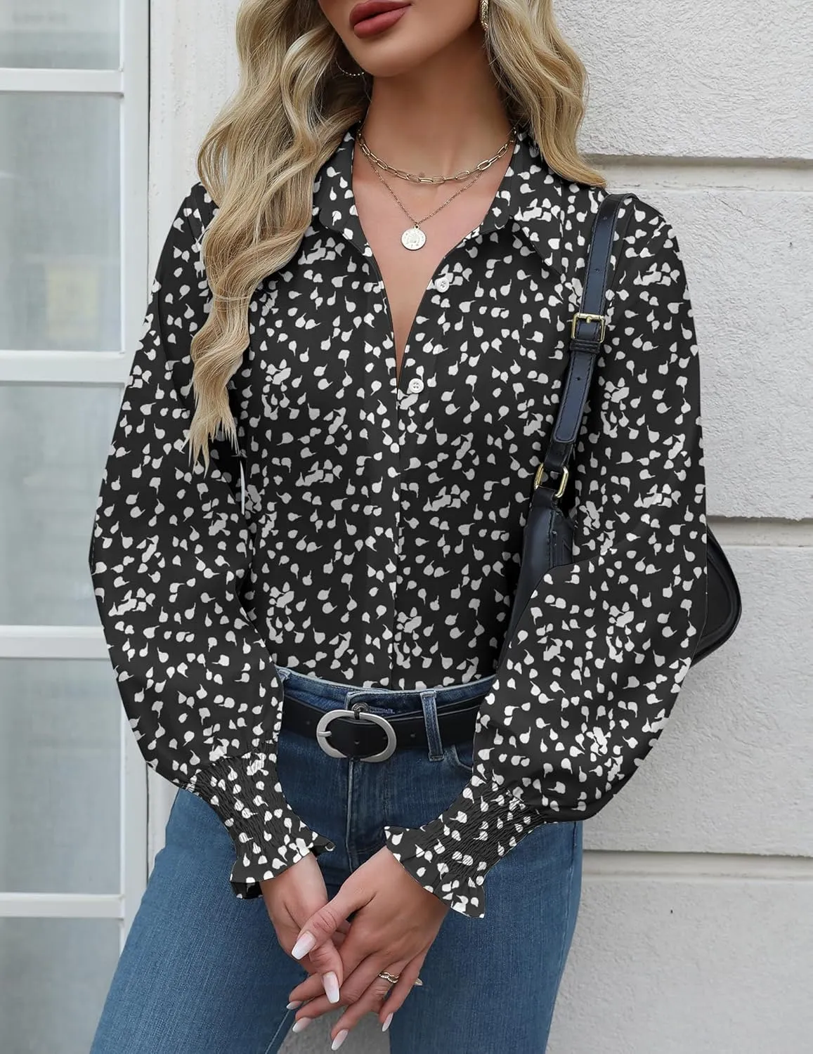 Zeagoo Womens Button Down Shirts Smocked Cuffed Blouses Printed Lantern Shirt Long Sleeve Tops Casual Collar Business Fashion