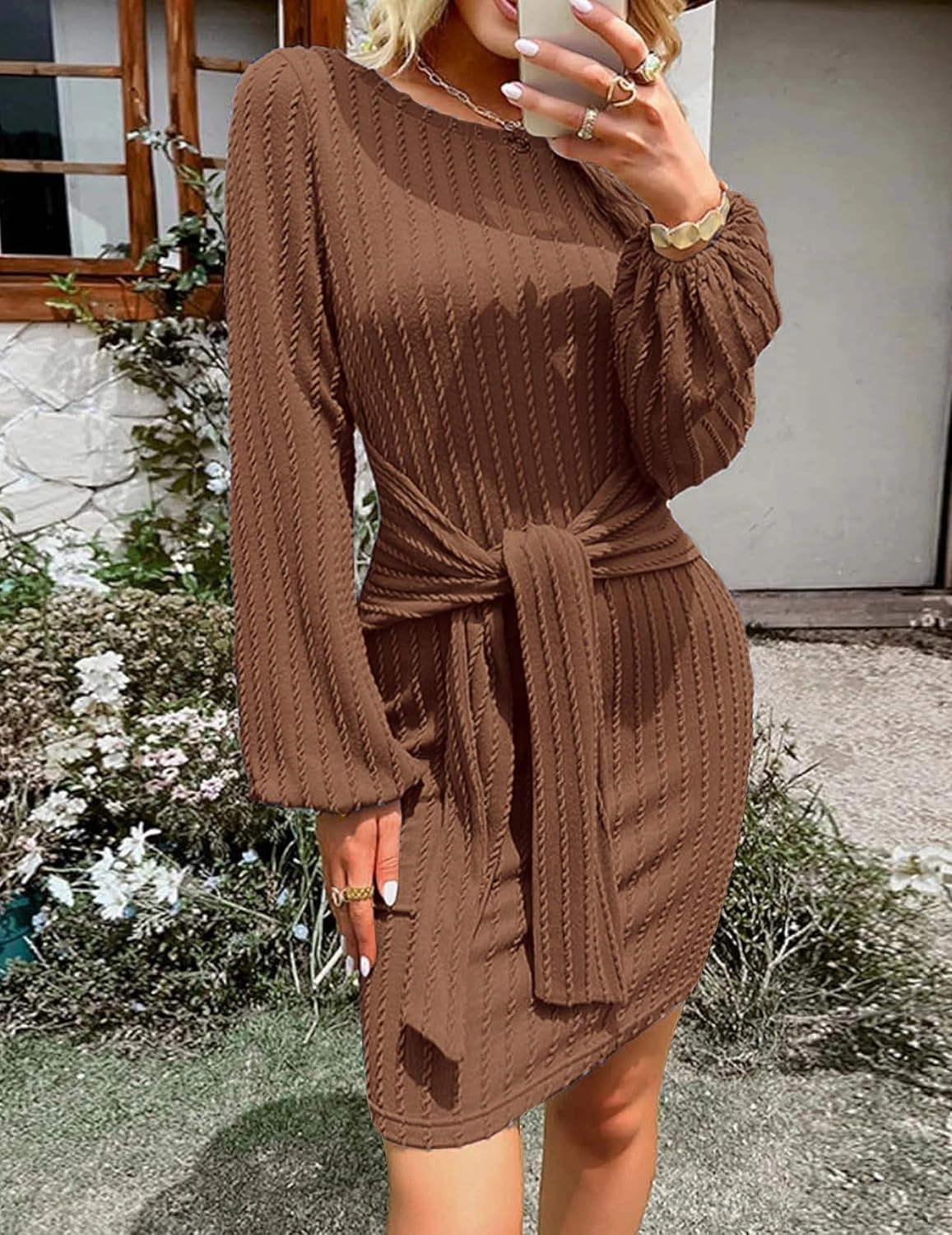 Zeagoo Women's Casual Knit Dress Fall Long Sleeve Bodycon Dress Crewneck Tie Waist Rib Knitted Sweater Dresses
