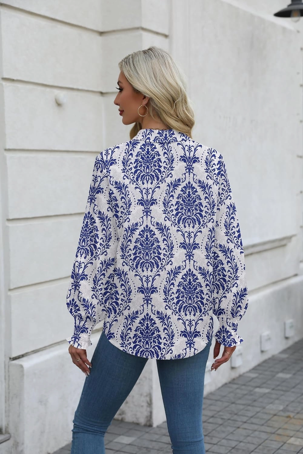 Zeagoo Womens Button Down Shirts Smocked Cuffed Blouses Printed Lantern Shirt Long Sleeve Tops Casual Collar Business Fashion