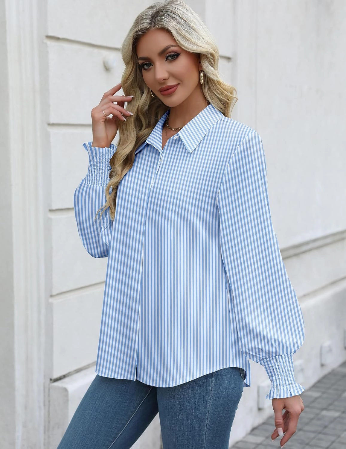 Zeagoo Womens Button Down Shirts Smocked Cuffed Blouses Printed Lantern Shirt Long Sleeve Tops Casual Collar Business Fashion