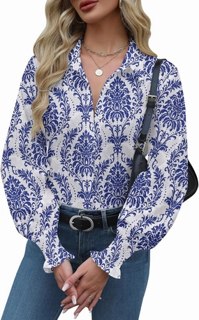 Zeagoo Womens Button Down Shirts Smocked Cuffed Blouses Printed Lantern Shirt Long Sleeve Tops Casual Collar Business Fashion
