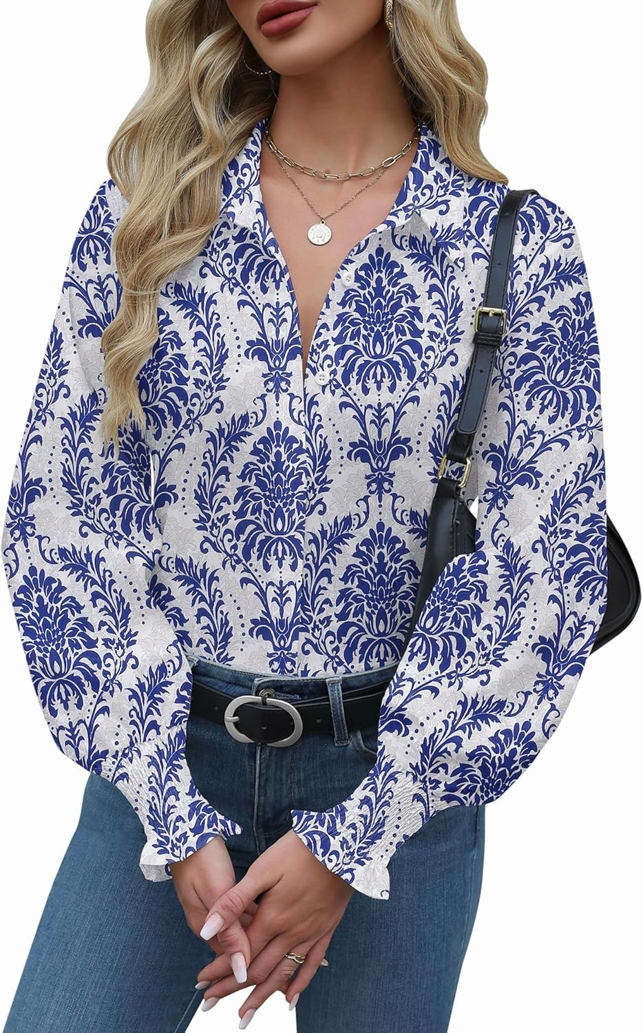 Zeagoo Womens Button Down Shirts Smocked Cuffed Blouses Printed Lantern Shirt Long Sleeve Tops Casual Collar Business Fashion