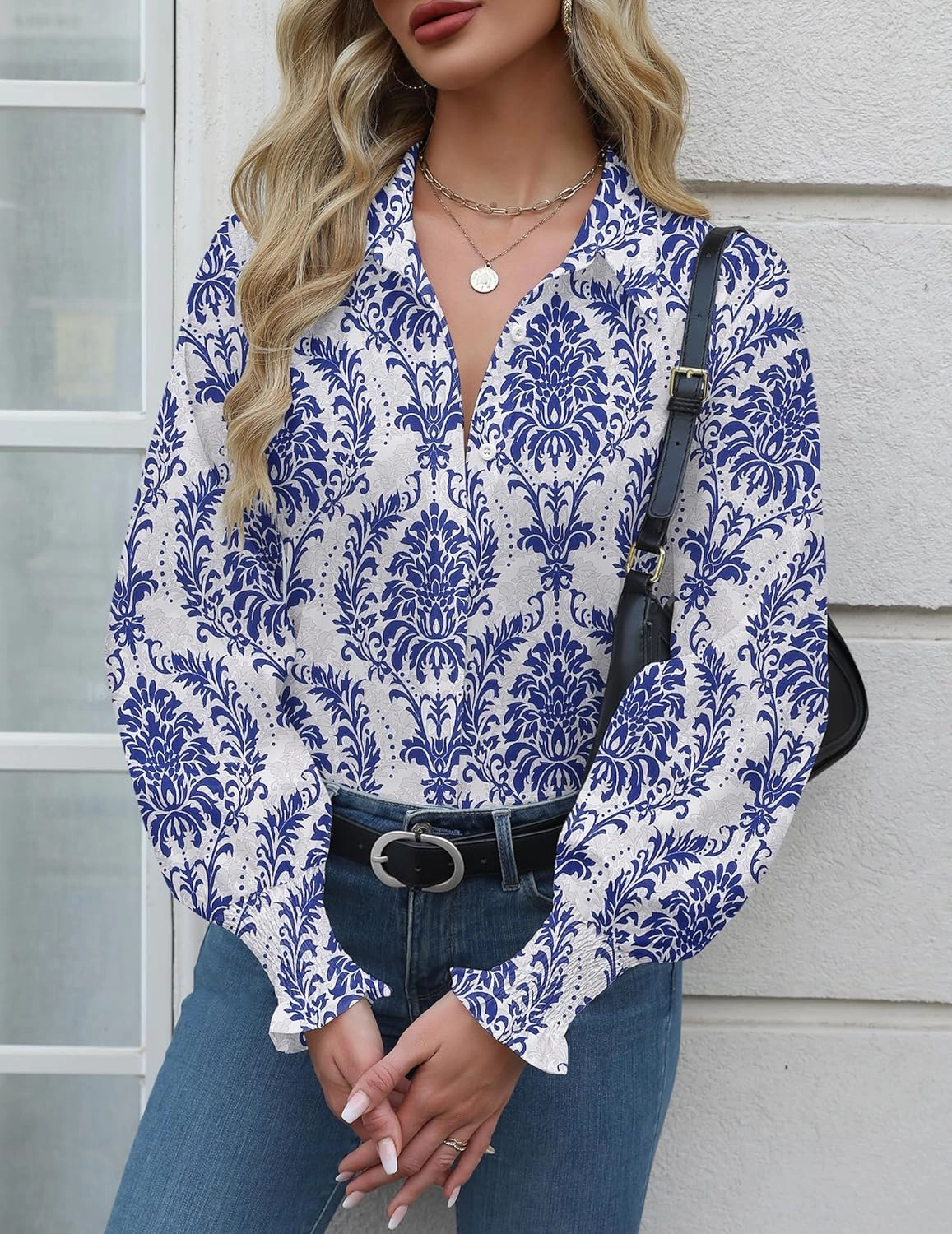Zeagoo Womens Button Down Shirts Smocked Cuffed Blouses Printed Lantern Shirt Long Sleeve Tops Casual Collar Business Fashion