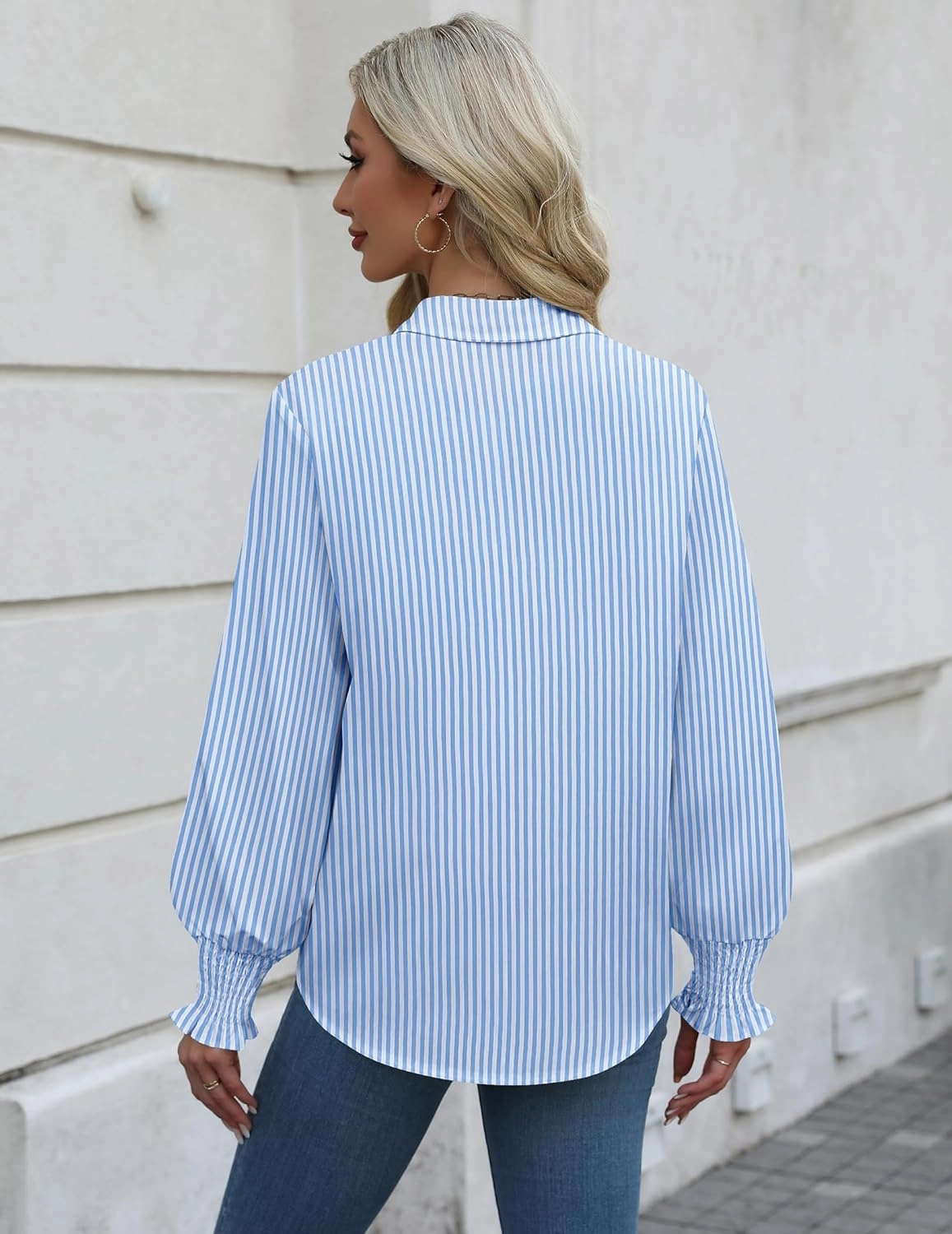 Zeagoo Womens Button Down Shirts Smocked Cuffed Blouses Printed Lantern Shirt Long Sleeve Tops Casual Collar Business Fashion