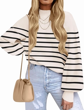ZESICA Women's Casual Turtleneck Long Lantern Sleeve Oversized Ribbed Knit Pullover Sweater Jumper Top