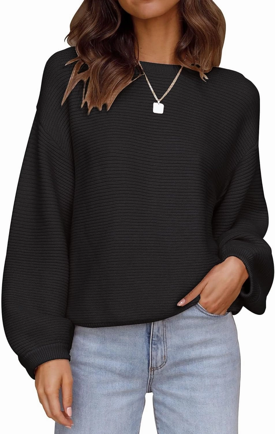 ZESICA Women's Crew Neck Long Lantern Sleeve Casual Loose Ribbed Knit Solid Soft Pullover Sweater Tops