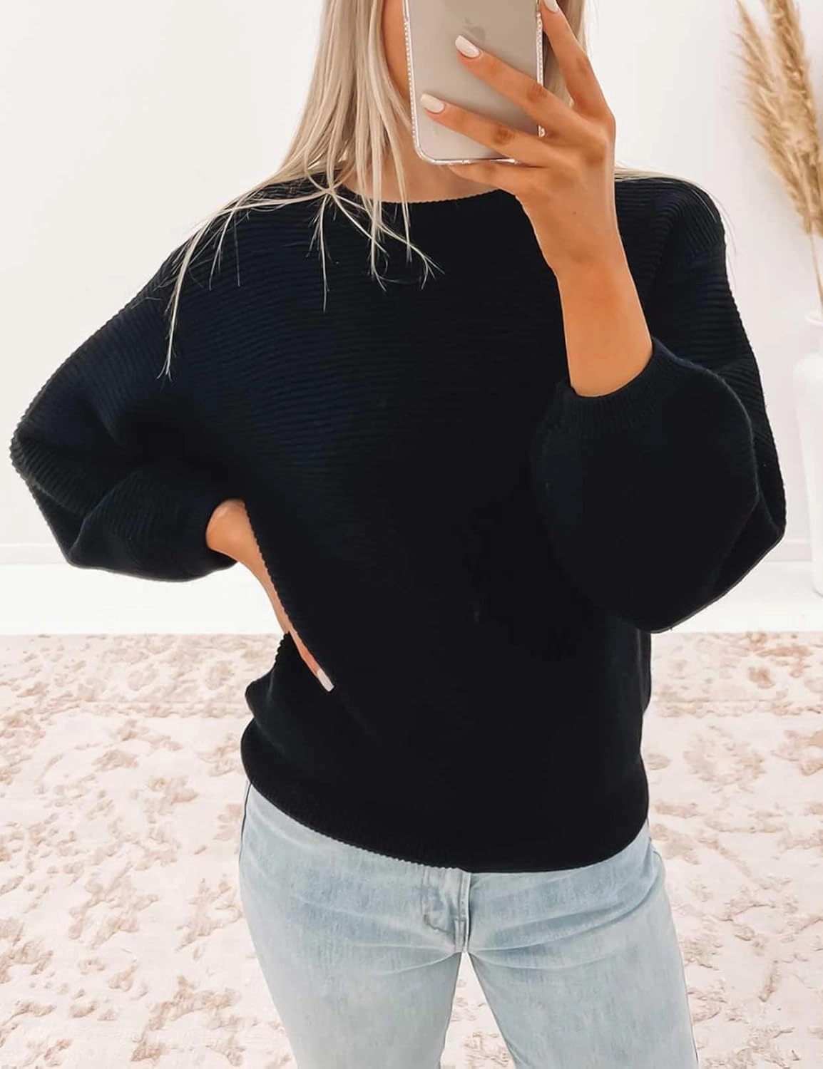 ZESICA Women's Crew Neck Long Lantern Sleeve Casual Loose Ribbed Knit Solid Soft Pullover Sweater Tops