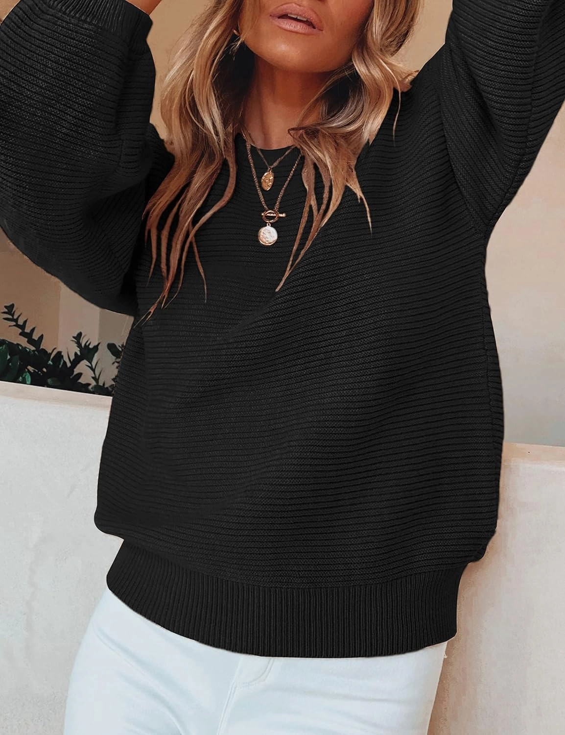 ZESICA Women's Crew Neck Long Lantern Sleeve Casual Loose Ribbed Knit Solid Soft Pullover Sweater Tops