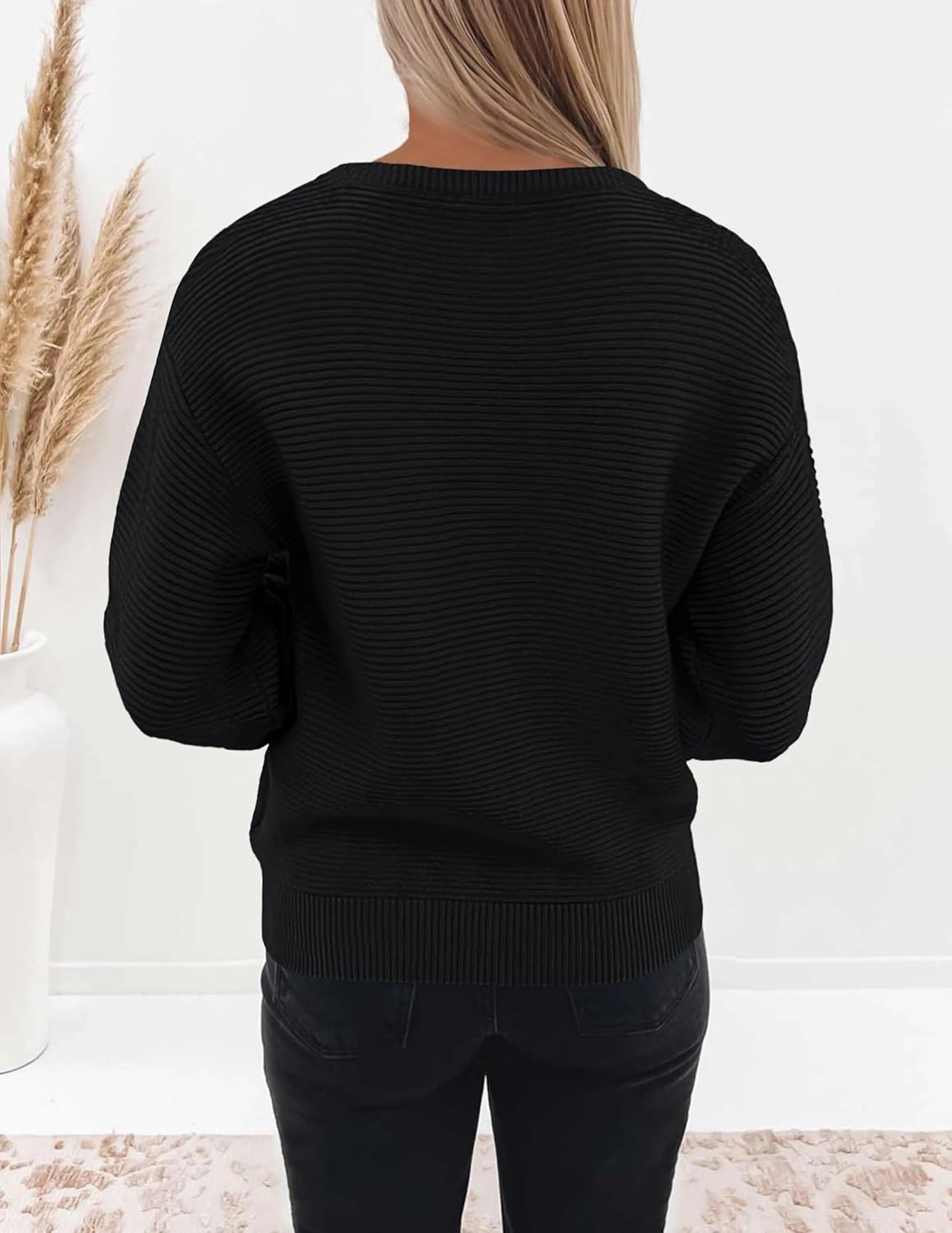 ZESICA Women's Crew Neck Long Lantern Sleeve Casual Loose Ribbed Knit Solid Soft Pullover Sweater Tops