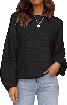 ZESICA Women's Crew Neck Long Lantern Sleeve Casual Loose Ribbed Knit Solid Soft Pullover Sweater Tops