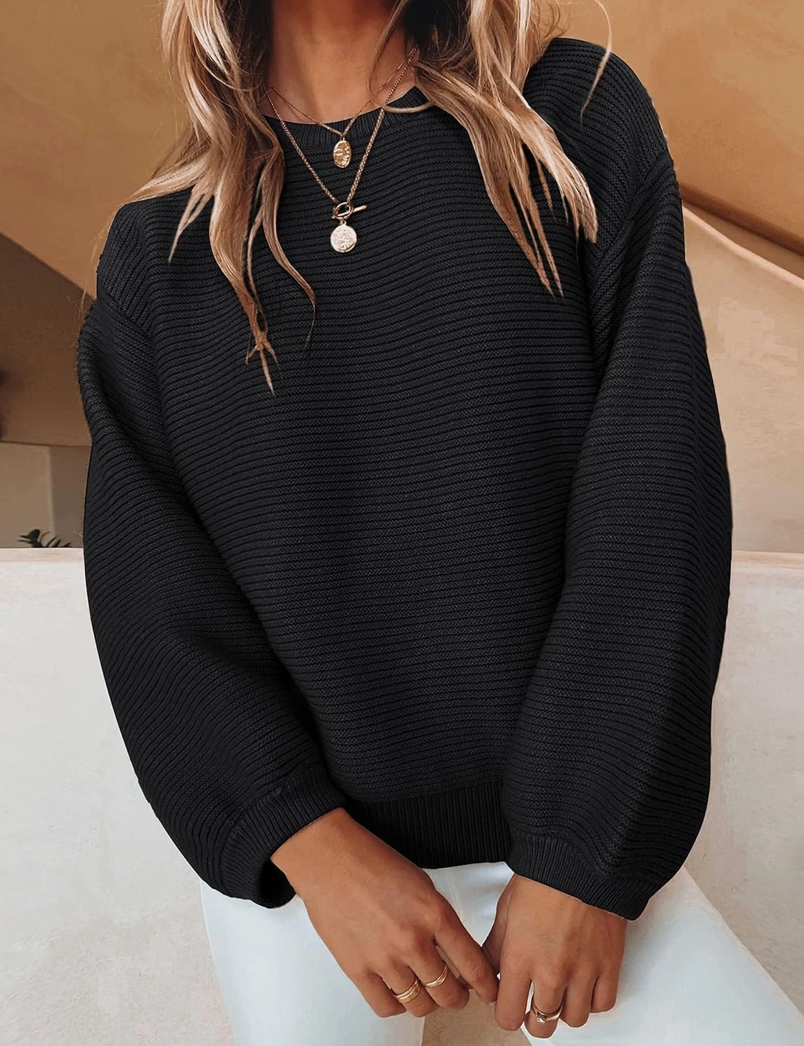 ZESICA Women's Crew Neck Long Lantern Sleeve Casual Loose Ribbed Knit Solid Soft Pullover Sweater Tops