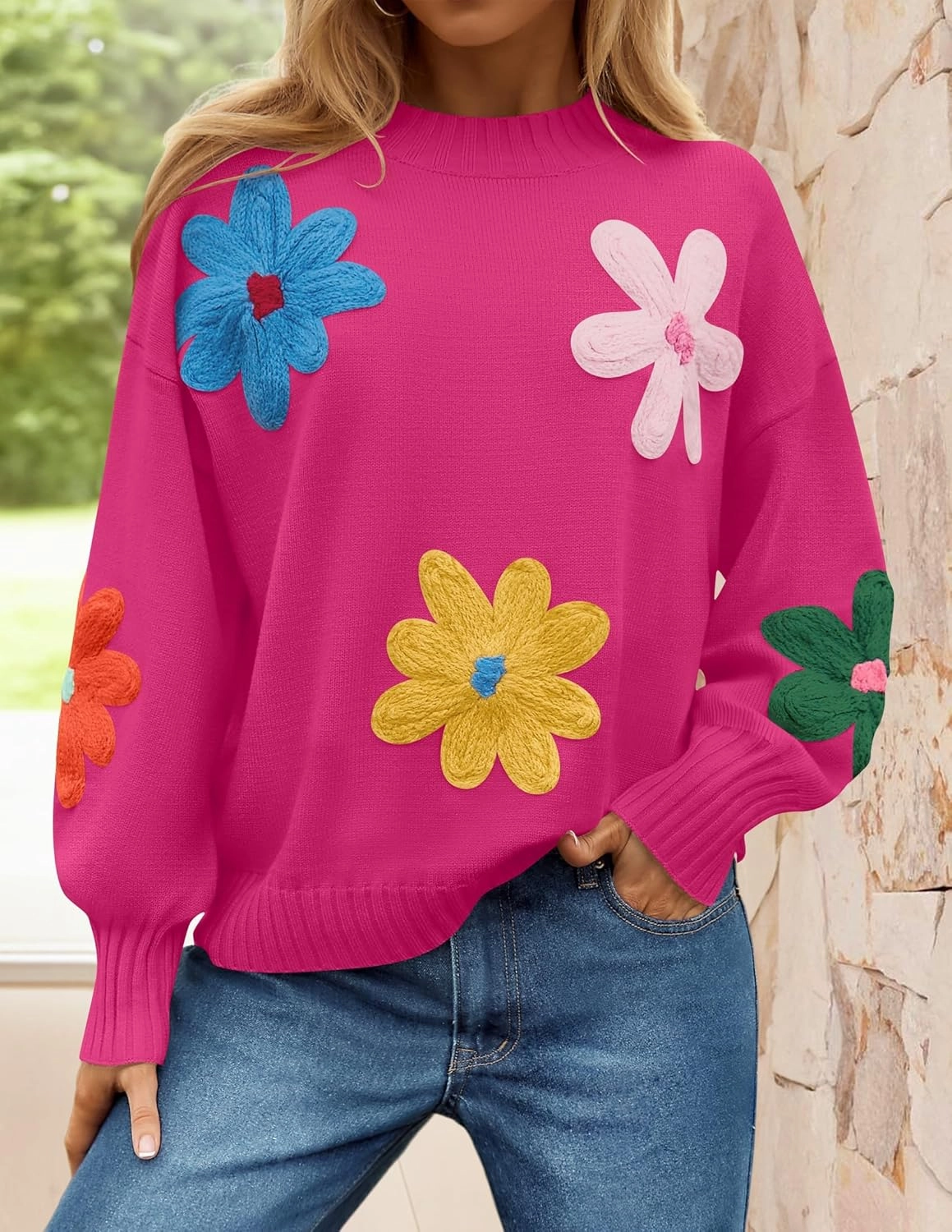 ZESICA Women's Long Puff Sleeve Sweaters Casual Crewneck Ribbed Knit Flower Color Block Loose Pullover Tops
