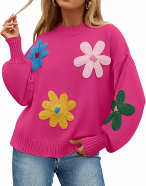 ZESICA Women's Long Puff Sleeve Sweaters Casual Crewneck Ribbed Knit Flower Color Block Loose Pullover Tops