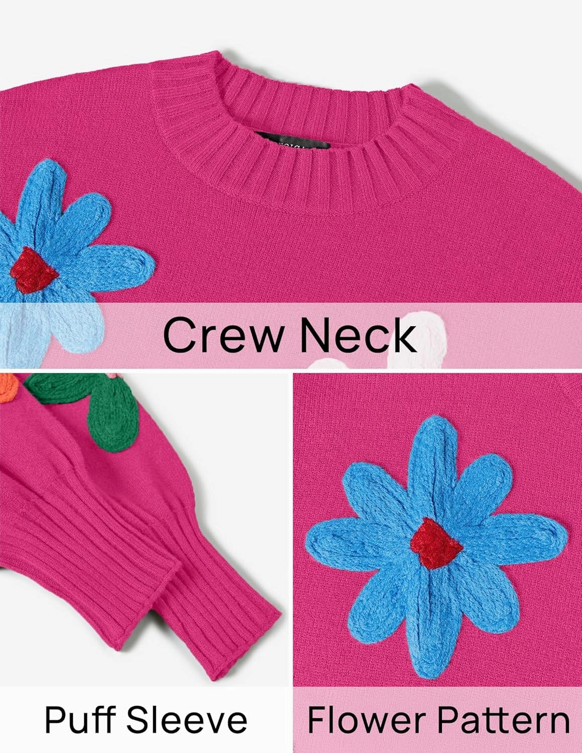 ZESICA Women's Long Puff Sleeve Sweaters Casual Crewneck Ribbed Knit Flower Color Block Loose Pullover Tops