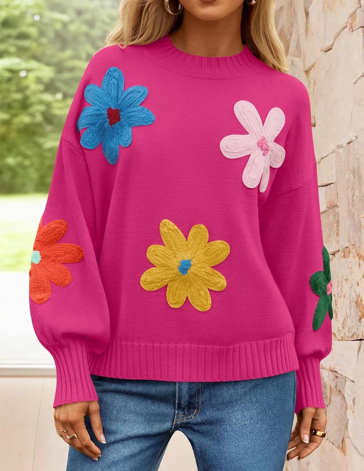 ZESICA Women's Long Puff Sleeve Sweaters Casual Crewneck Ribbed Knit Flower Color Block Loose Pullover Tops