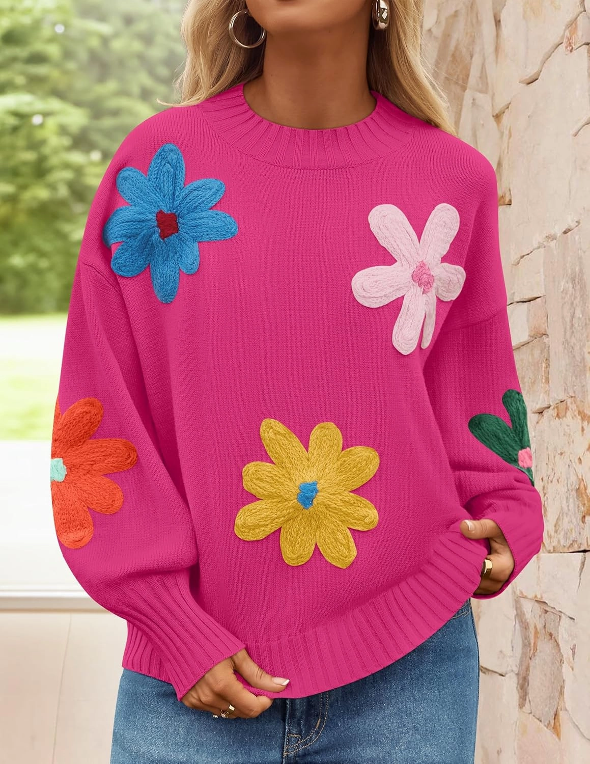 ZESICA Women's Long Puff Sleeve Sweaters Casual Crewneck Ribbed Knit Flower Color Block Loose Pullover Tops