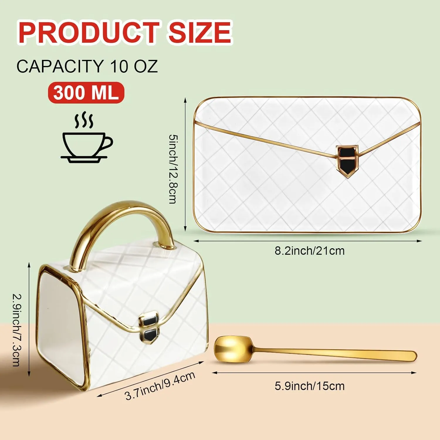 Zubebe 1 Set Coffee Mug Elegant Handbag Shaped Cup Modern Ceramic Purse Mug with Spoon and Saucer, 10oz Cute Creative Tea Cup for Office Home Mother's Day Woman Gift (White)