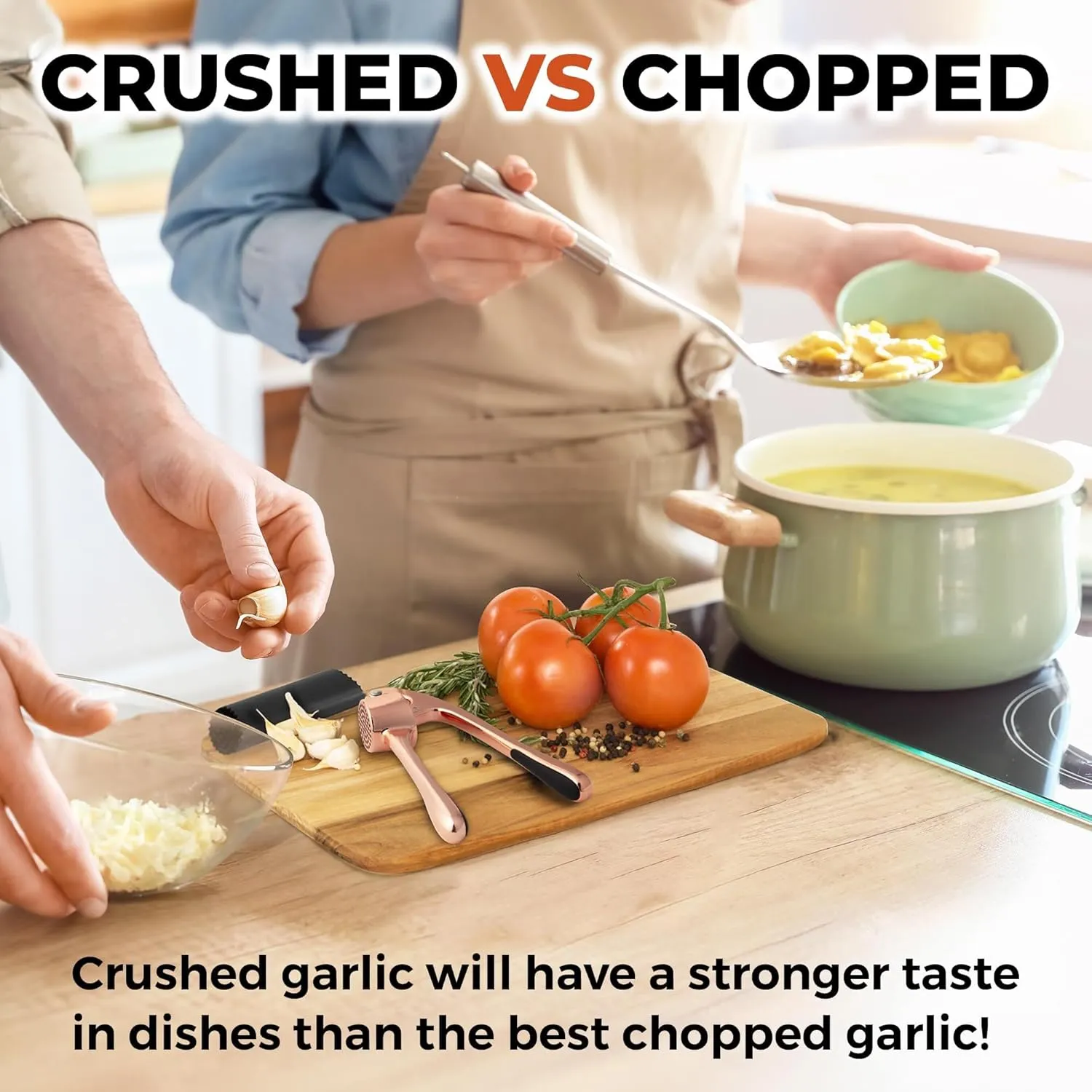 Zulay Kitchen Premium Garlic Press Set - Rust Proof & Dishwasher Safe Professional Garlic Mincer Tool - Easy-Squeeze, Easy-Clean with Soft Handle - Silicone Garlic Peeler & Brush (Rose Gold)