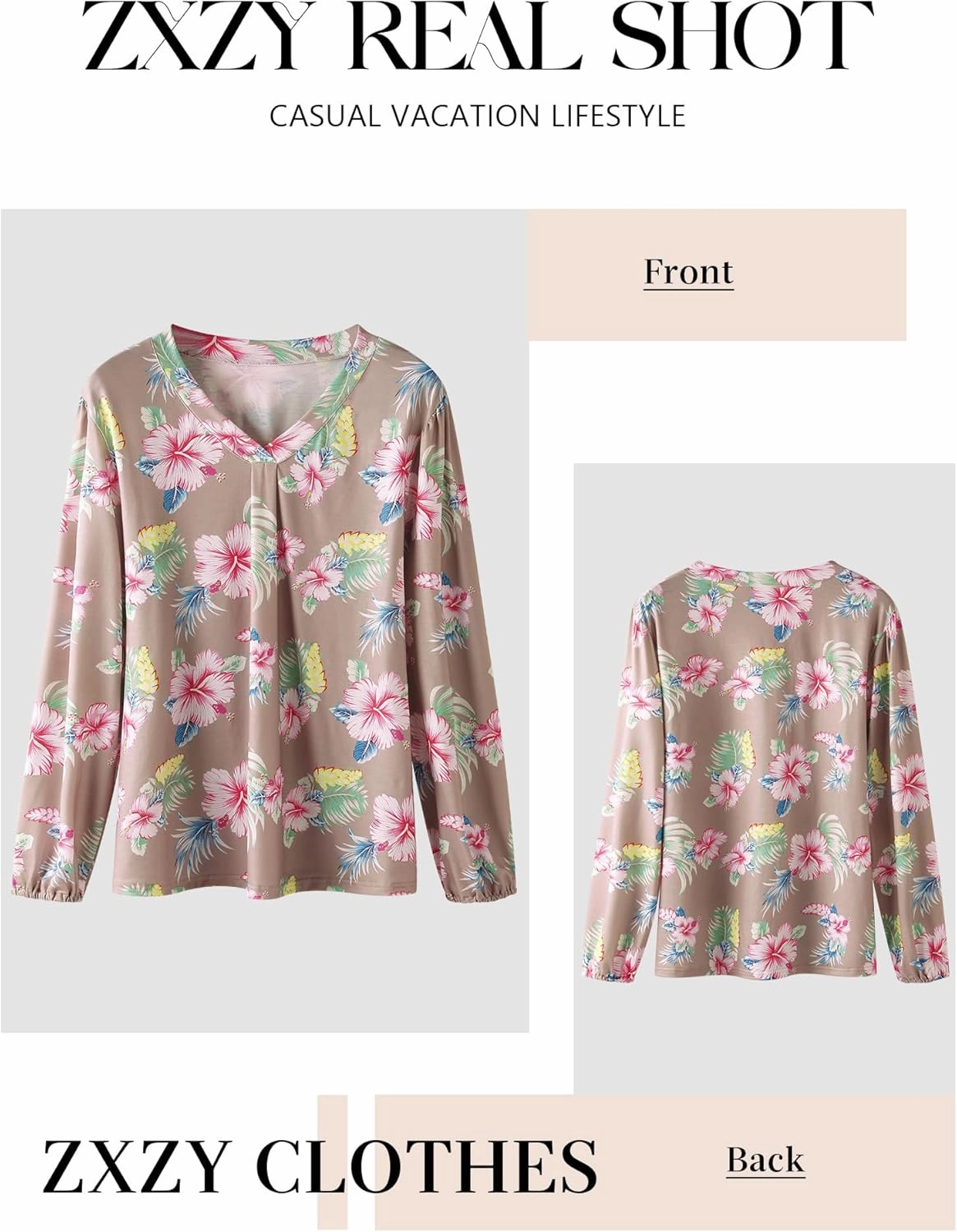 ZXZY Womens Hawaiian Shirt Vintage Leaf Floral Printed Tropical Tops V Neck Puff Long Sleeves Shirts