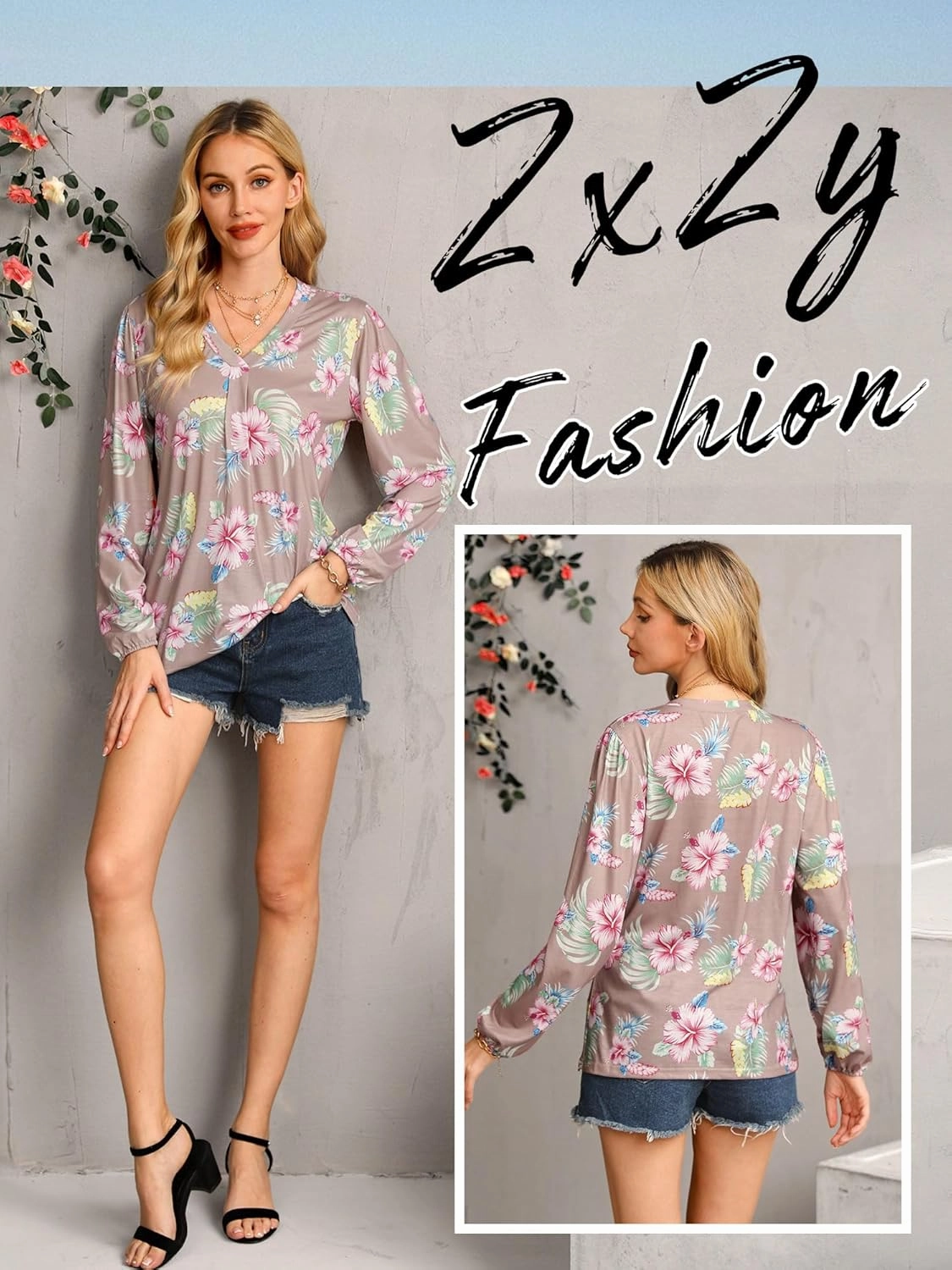 ZXZY Womens Hawaiian Shirt Vintage Leaf Floral Printed Tropical Tops V Neck Puff Long Sleeves Shirts