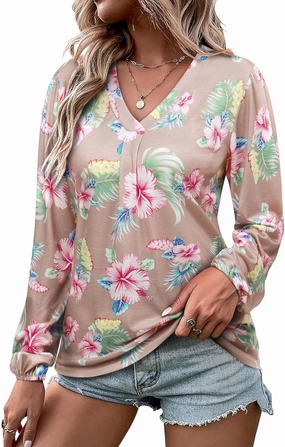 ZXZY Womens Hawaiian Shirt Vintage Leaf Floral Printed Tropical Tops V Neck Puff Long Sleeves Shirts